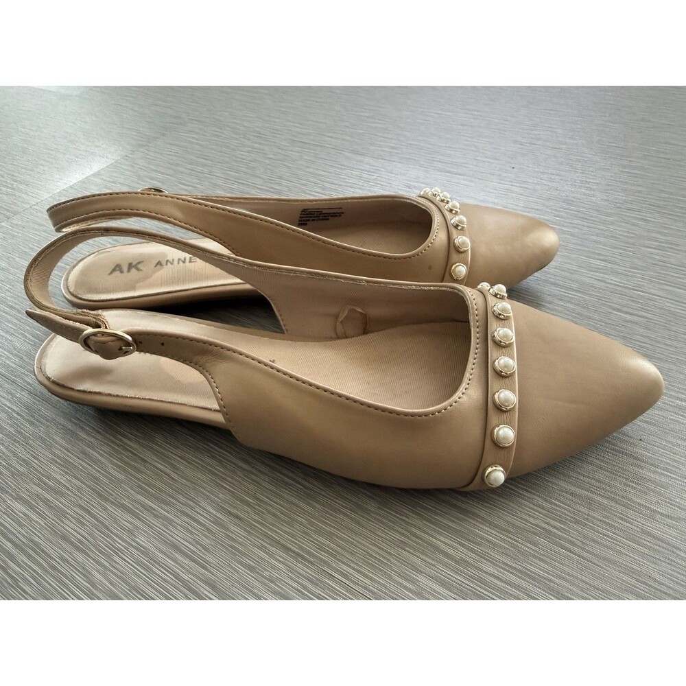 Anne Klein iFlex Nude Slingback Flats Pearl Stud Pointed Toe 9 NWOB